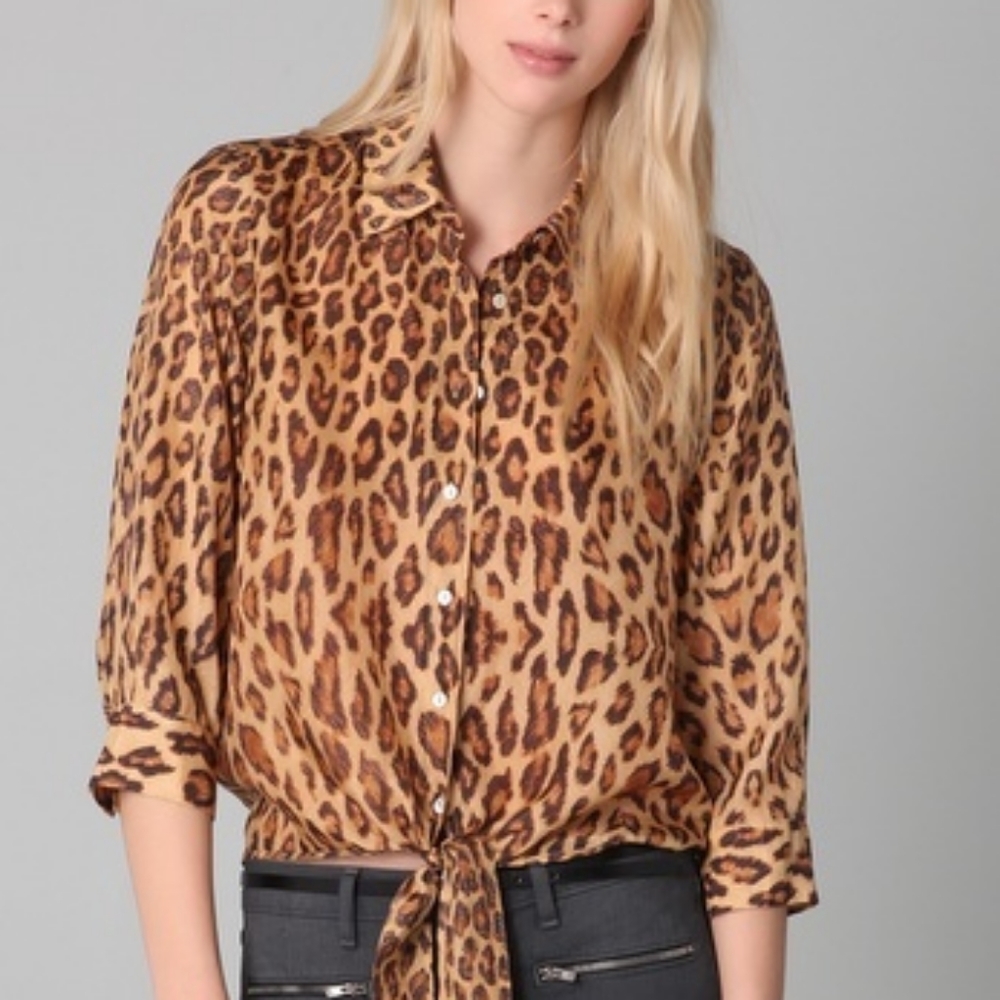 NWT button down silk leopard tie-up blouse/shirt